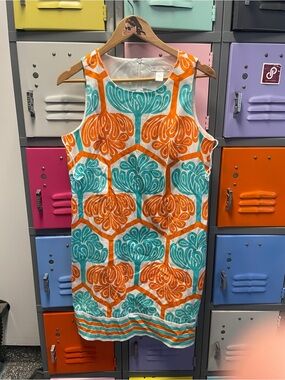 London Times Orange & Teal Graphic Midi Shift Dress,12